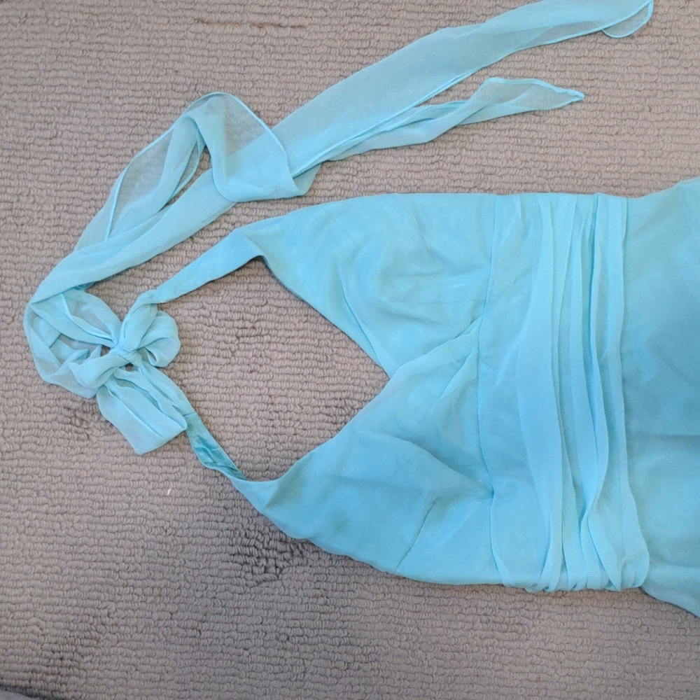 Aqua, chiffon, halter, full length gown